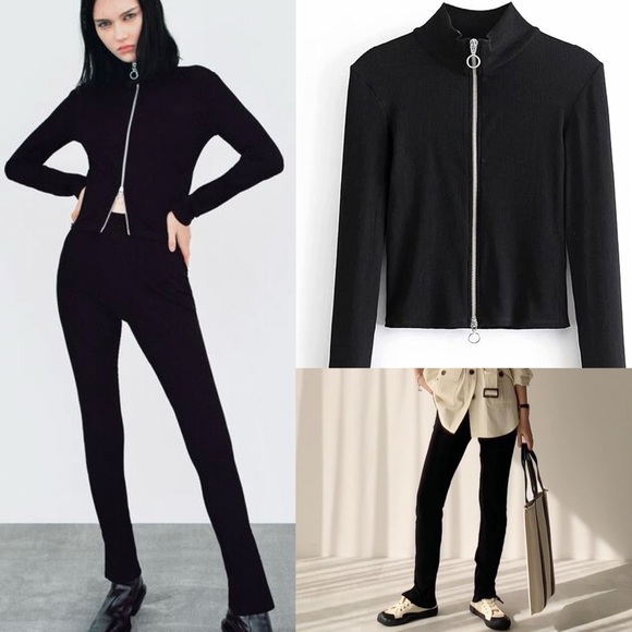 Zara matching 2 piece lounge set- black zip ribbed cardigan, split hem leggings - Picture 1 of 9